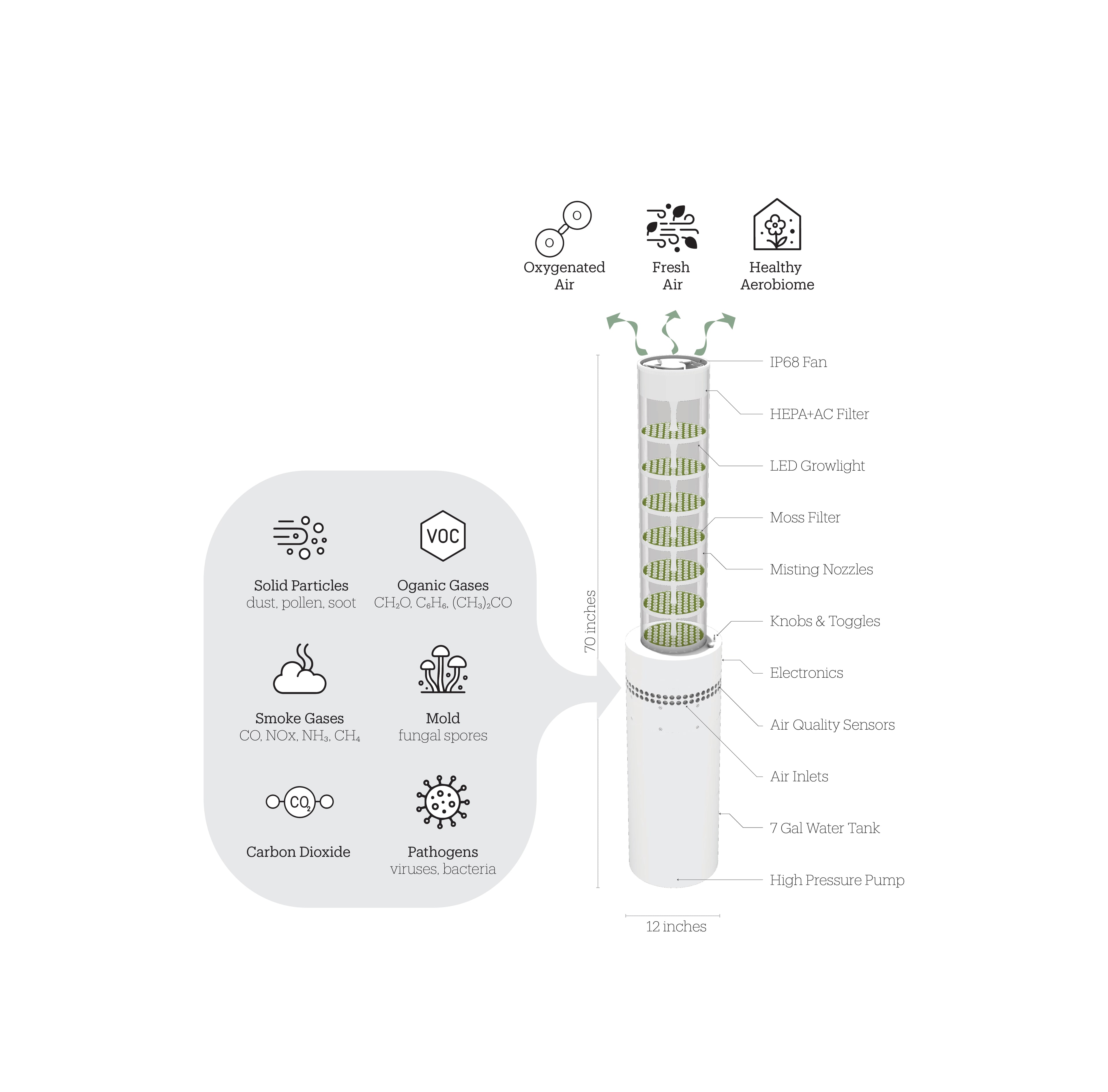 Column cutaway diagram — moss filter stack with air-quality icons (Oxygenated Air, Fresh Air, Healthy Aerobiome) and contaminant inputs